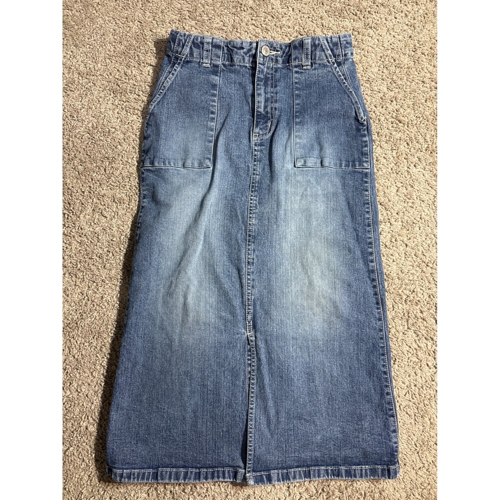Vintage Gap Kids Girls Blue Denim Maxi Skirt Size 12 Stretch Cargo Pockets Slit